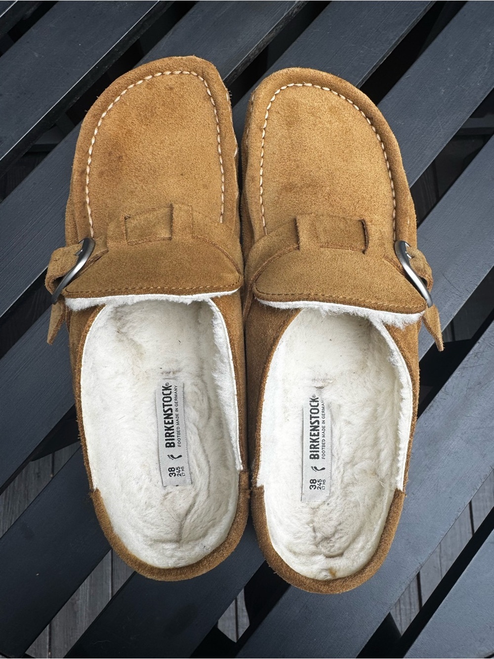 Birkenstock Buckley Women's Tan Suede Shearling-Lined Mules - Picture 2 of 11